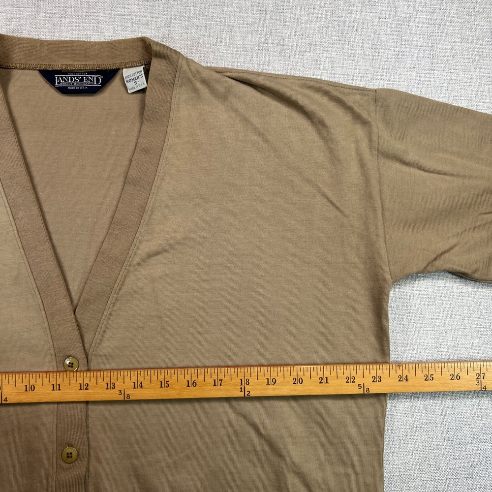 Vintage 90s Lands' End Tan Cotton Cardigan Women Small USA Made Lightweight Knit - Picture 5 of 8